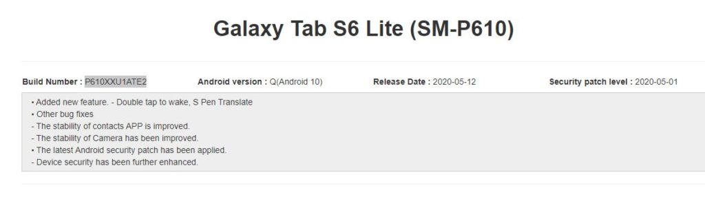 Galaxy tab S6 Lite Android 10