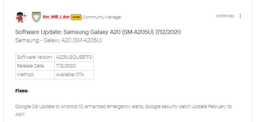 Galaxy A20 Android 10