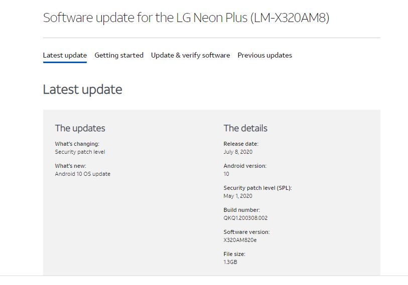 LG Neon Plus Android 10