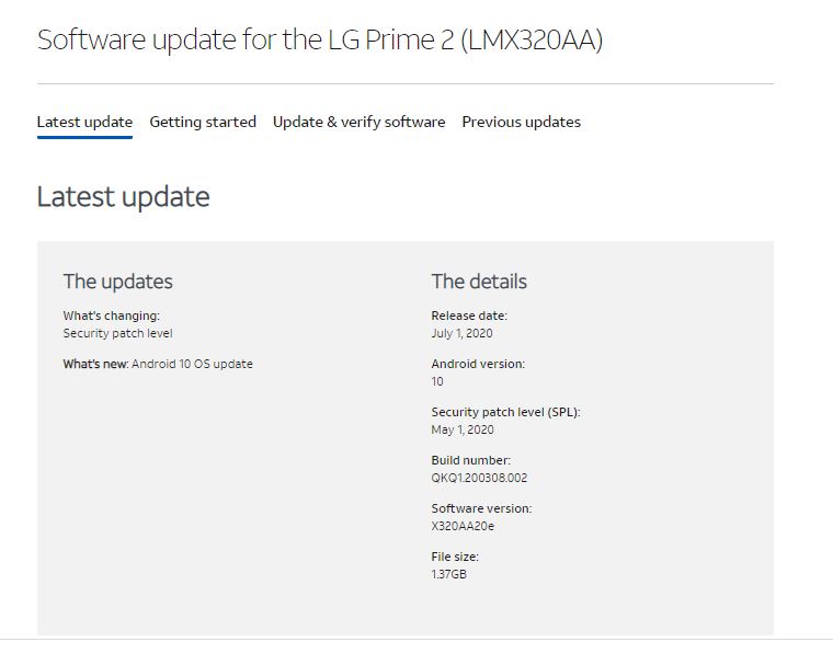 LG Prime 2 Android 10