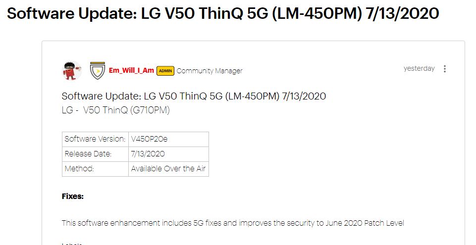 LG V50 ThinQ 5G update