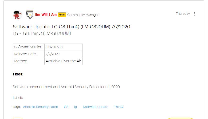 LG G8 ThinQ update