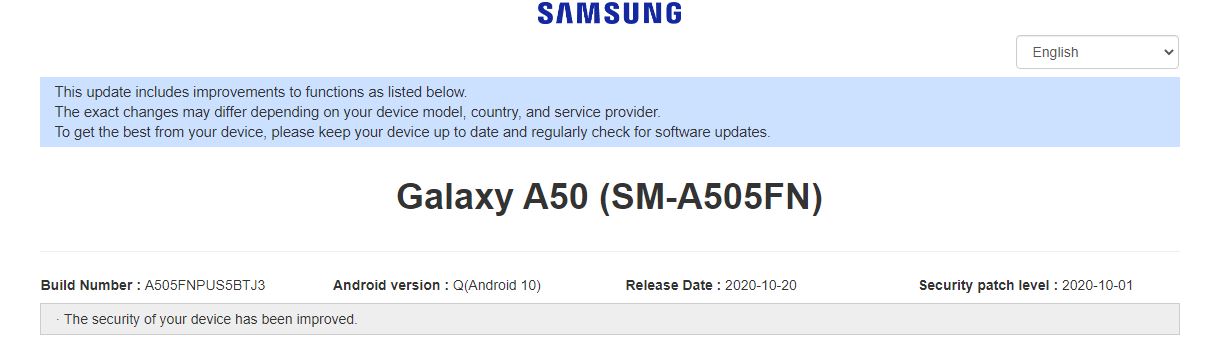 Samsung A50 update