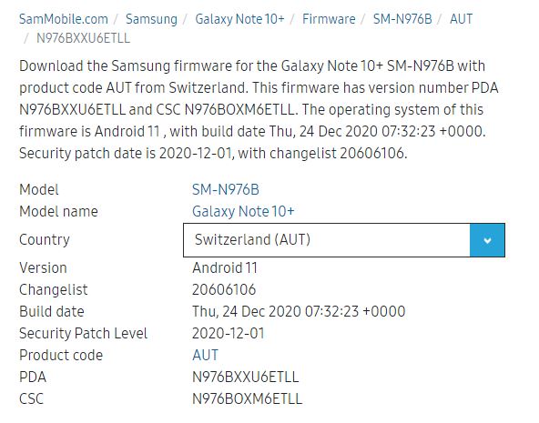 Galaxy Note 10 plus 5G Android 11