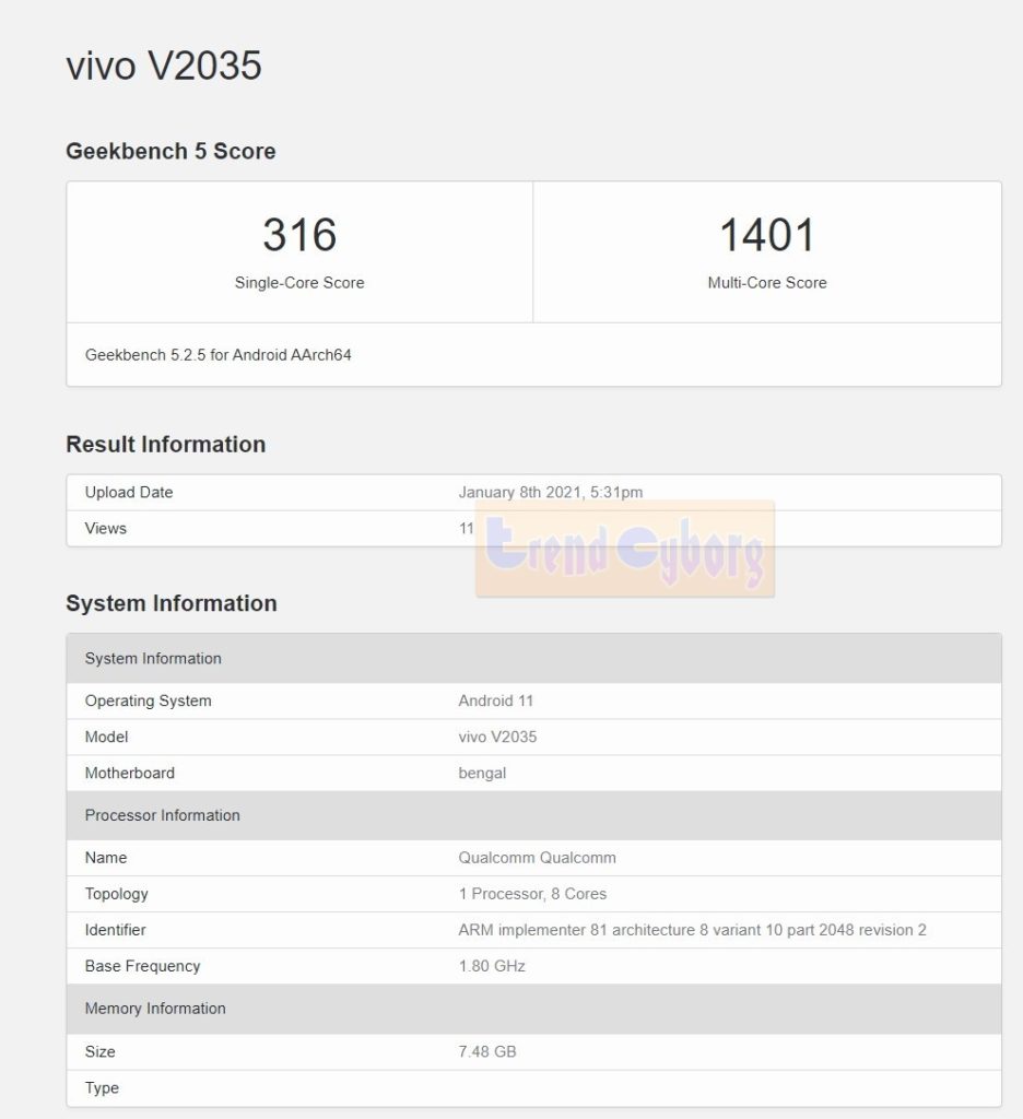 Vivo V2035 5G specs
