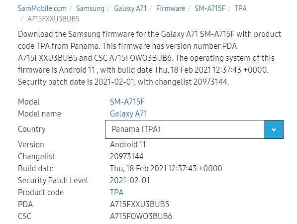 Samsung A71 Android 11