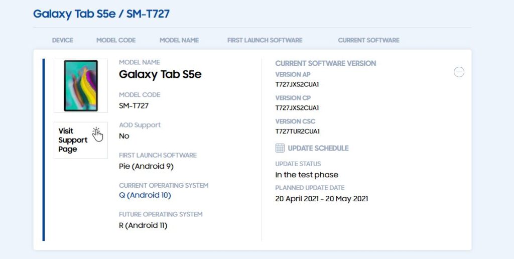 Galaxy tab s5e Android 11 update