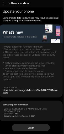 Galaxy S10e one UI 3.1.1