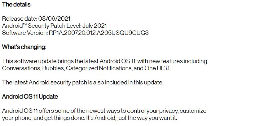 verizon galaxy A20 Android 11