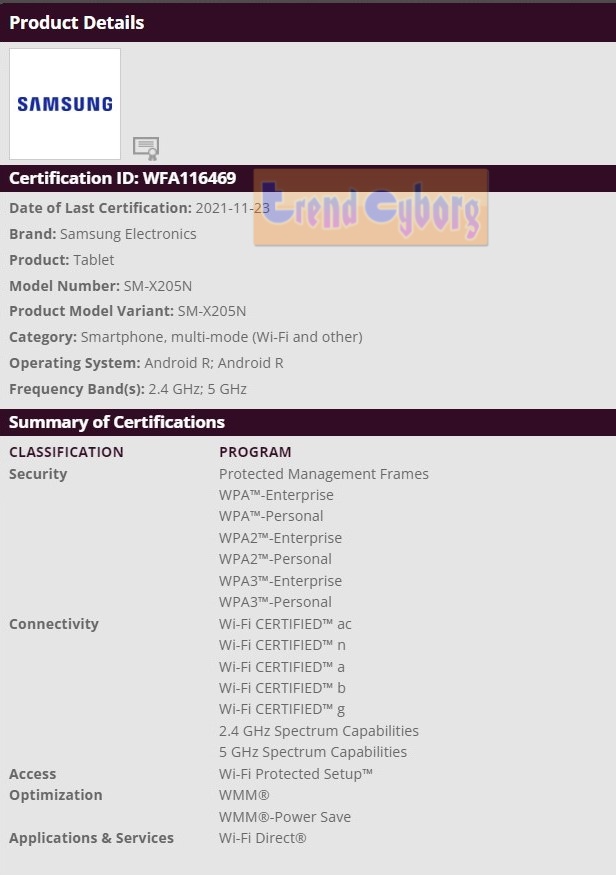Samsung SM-X205N Specs
