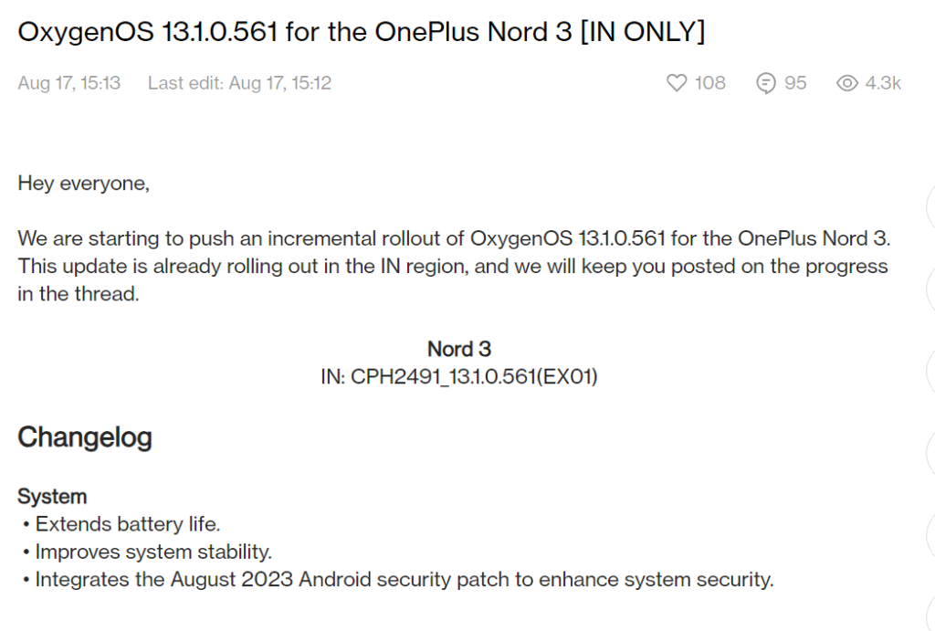 OxygenOS 13.1.0.561 OnePlus Nord 3